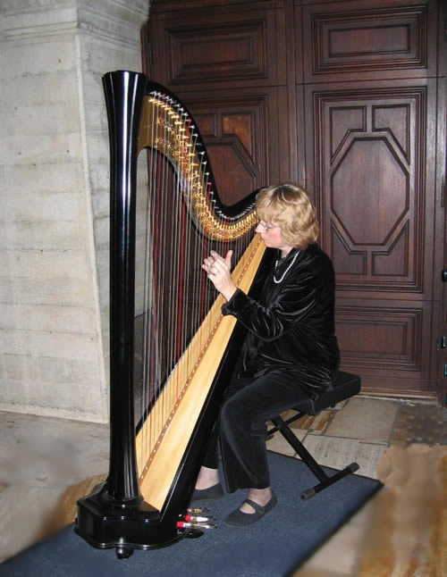 Sharon playing the harp